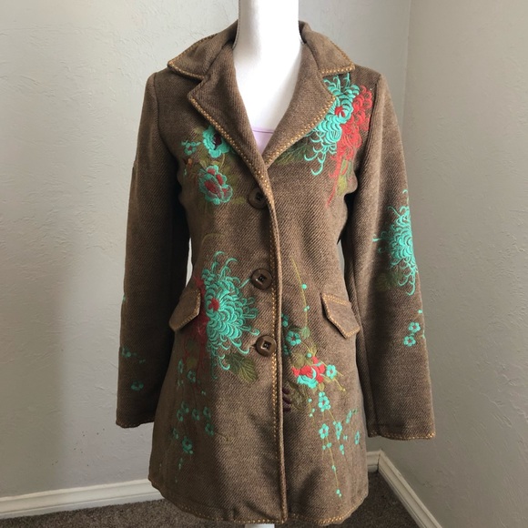 paparazzi Jackets & Blazers - Paparazzi Embroidered Coat M Brown Teal Red
